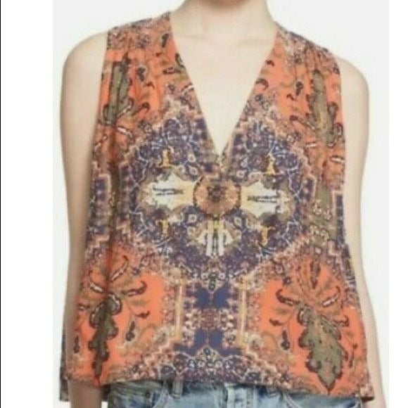 FREE PEOPLE Coral Multi Color Darcy Swing Boho Sleeveless V-Neck Shirt Size XS