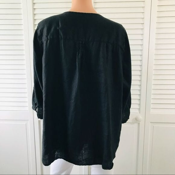 M&S COLLECTION Black Linen Button Down V-Neck Shirt Size 20