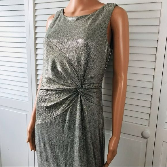 CALVIN KLEIN Metallic Gold Long Evening Dress With Ruched Knot Size 8