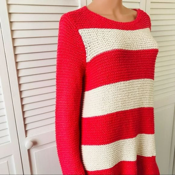 CHICO’S Coral Ivory Striped Sparkly Scoop Neck Sweater Size L