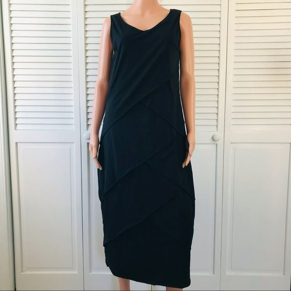 NEON BUDDHA Black V-Neck Sleeveless Tiered Pleated Midi Dress Size L