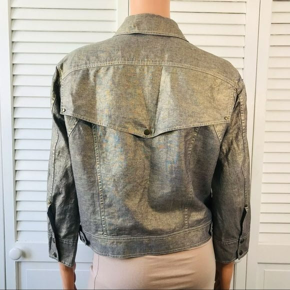 ETCETERA Blue Gold Metallic Lightweight Denim Jacket Size 12