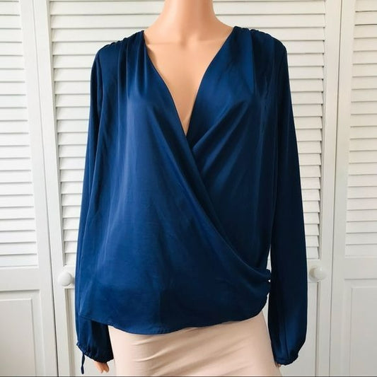 L’Academie Navy Blue Long Sleeve Deep V-Neck Blouse Size M