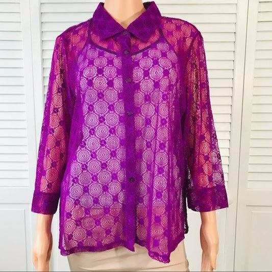 CHOICES Purple Sheer Button Down Blouse Size XL