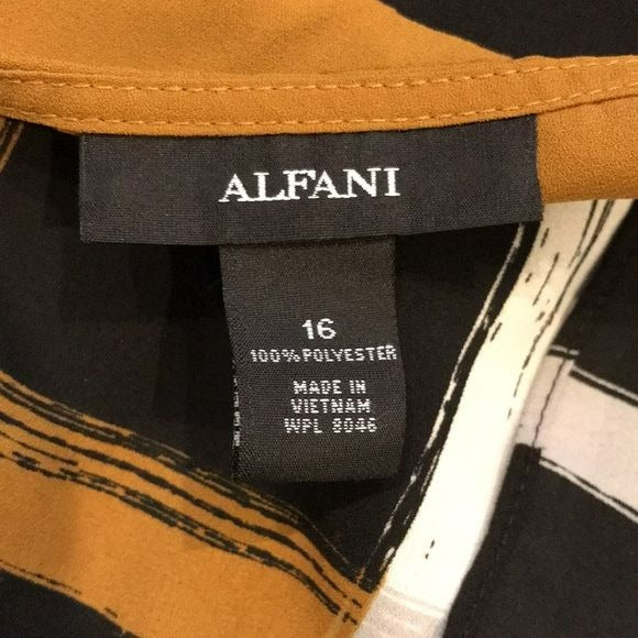 ALFANI Black Layered Brushstroke Short Sleeve Blouse Size 16