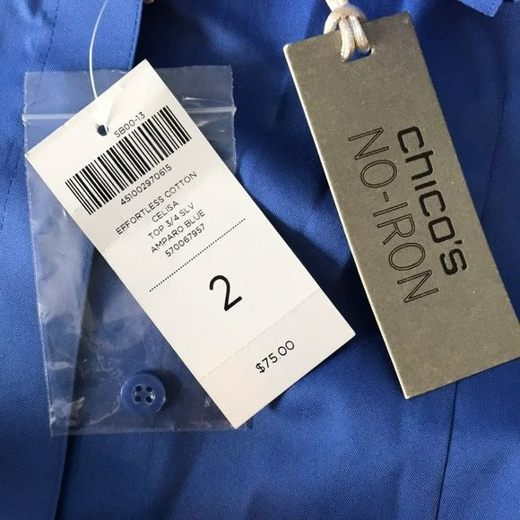*NEW* CHICO’S Blue Cotton 3/4 Sleeve Button Down Celisa Shirt Size L