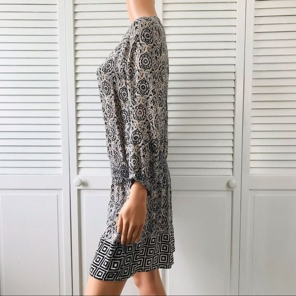 TOLANI Geometric Print V-Neck Silk Long Sleeve Mini Dress Size S