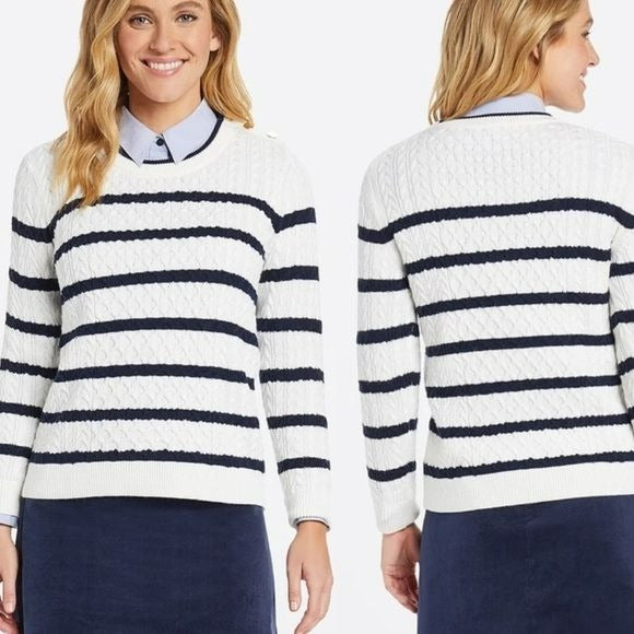 DRAPER JAMES White Navy Blue Sailor Nautical Cable Knit Sweater Size L
