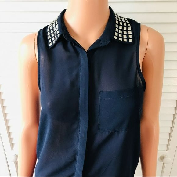 KATIE K Navy Blue Sheer Sleeveless Button Down Shirt Size XS