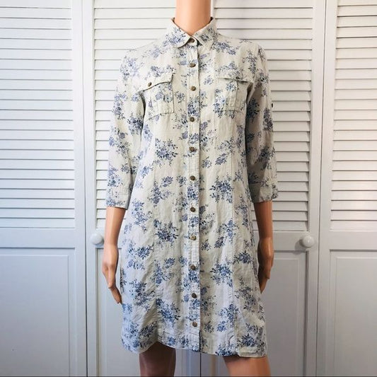 EDDIE BAUER Blue Floral Linen 3/4 Sleeve Shirt Dress Size PS