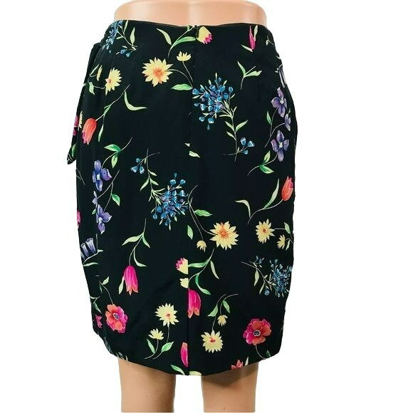 TALBOTS Petites Silk Black Floral Wrap Skirt Size 4P