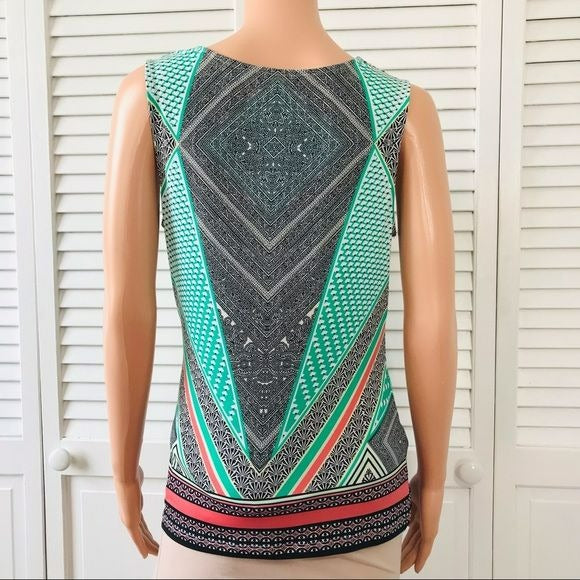 CALVIN KLEIN Green Multicolor Geometric Sleeveless Shirt Size XS