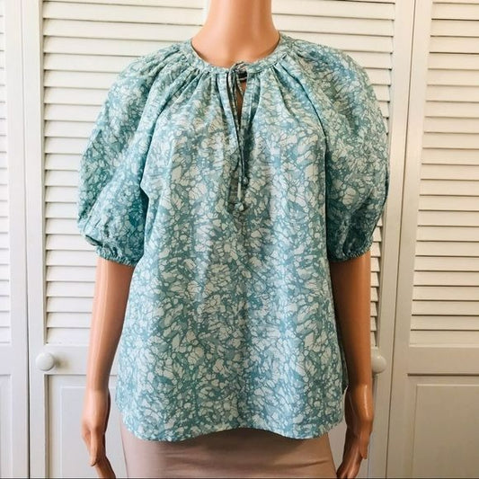 HOUSE OF HARLOW 1960 Blue White Puff Sleeve Lightweight Cotton Blouse Size M (new with tags)