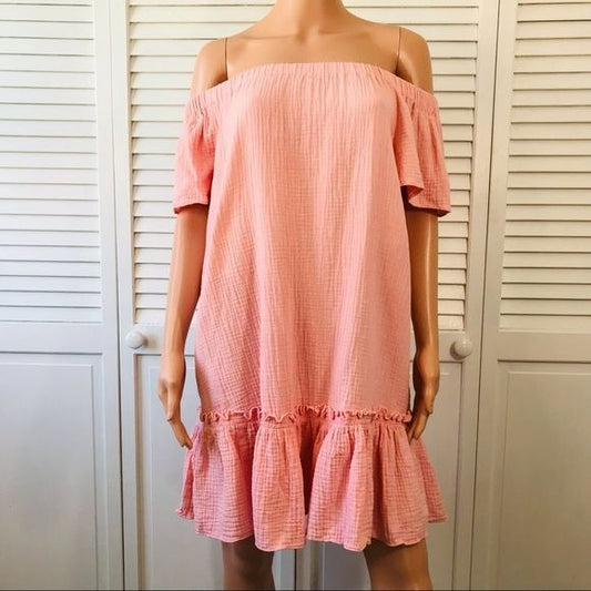REBECCA TAYLOR Malibu Peach Cotton Gauze Off The Shoulder Dress Size 2