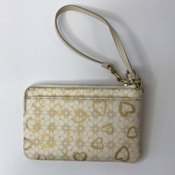COACH Khaki Gold Small Heart Wristlet (new with tags)