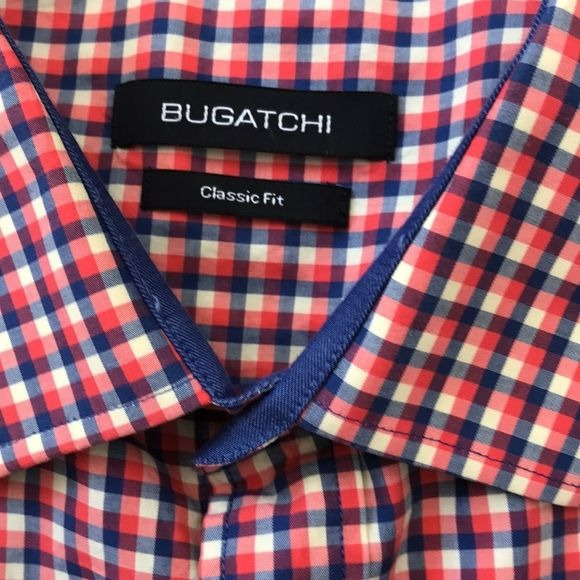 BUGATCHI Blue Red Gingham Button Down Shirt Size L