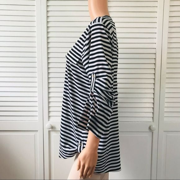 CALVIN KLEIN Black White Stripe V-Neck Button Down Blouse Size M