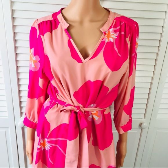 BRITT Pink Floral Long Sleeve V-Neck Dress Size M