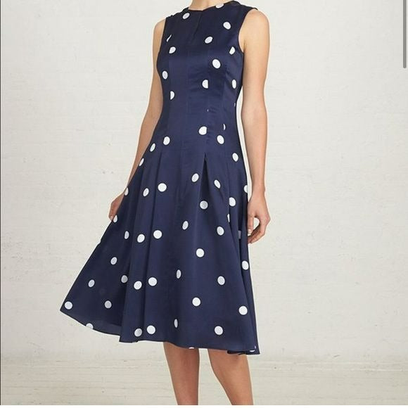 SOODEE Navy Linen Polka Dots Waist Wrap Around Dress Size M