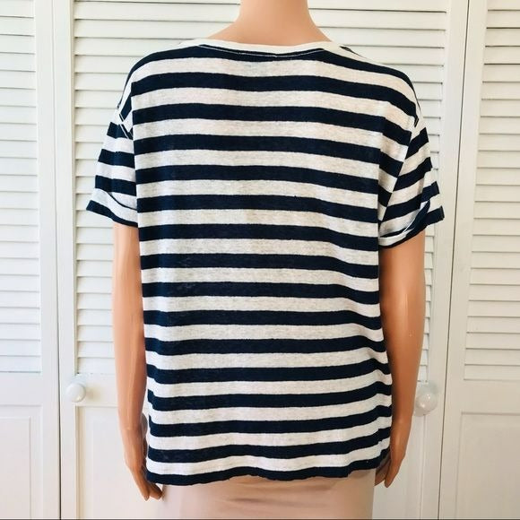 THEORY Striped Linen Short Sleeve Shirt Size M