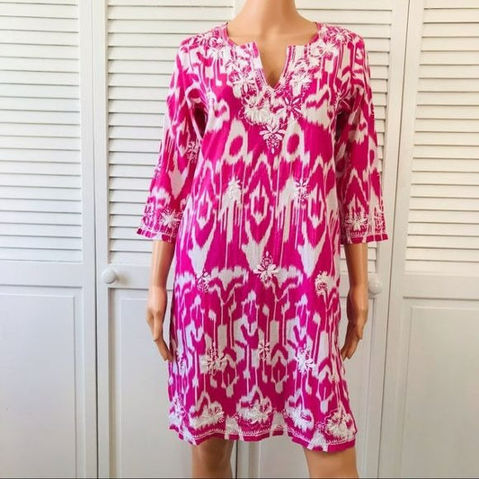 GRETCHEN SCOTT Pink White Cotton Lightweight Embroidered V-Neck Dress Size XS (new with tags)