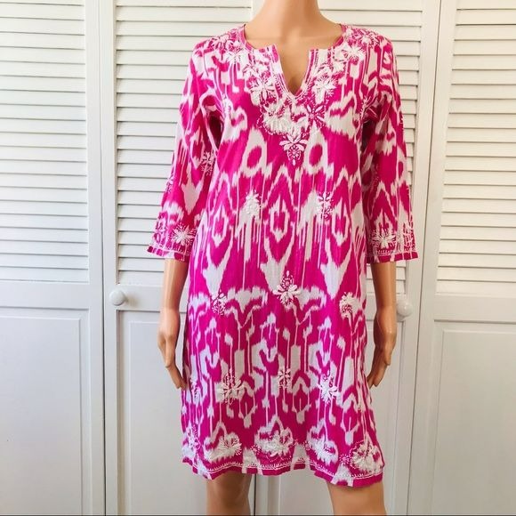 *NEW* GRETCHEN SCOTT Pink White Cotton Lightweight Embroidered V-Neck Dress