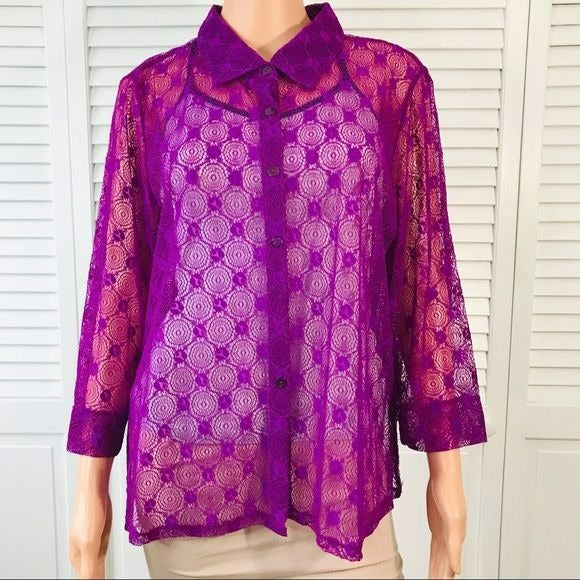 CHOICES Purple Sheer Button Down Blouse Size XL