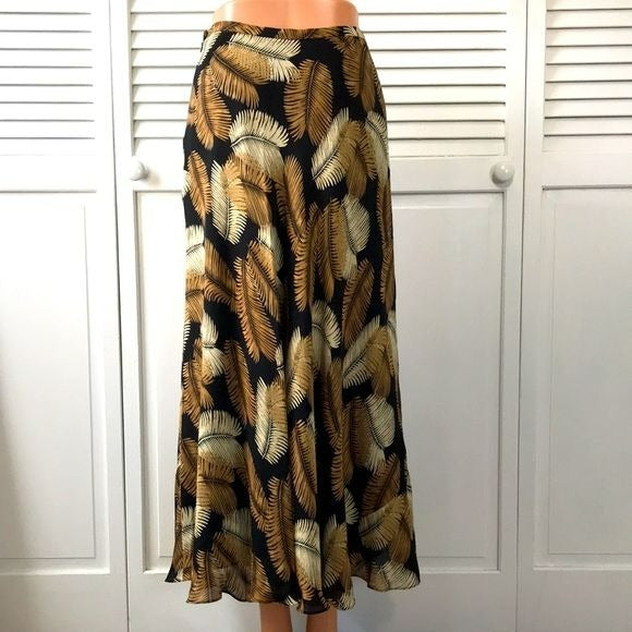 JONES NEW YORK Black Brown Leaf Print Silk Maxi Skirt Size 2P