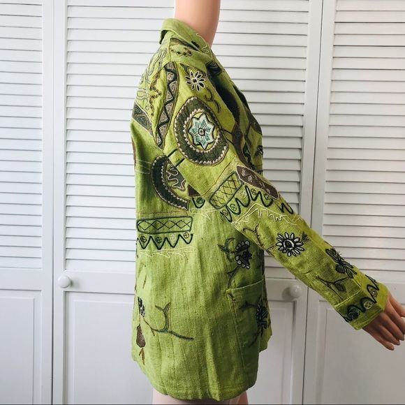 CHICO’S DESIGN Green Vintage Embroidered Silk Jacket Size L