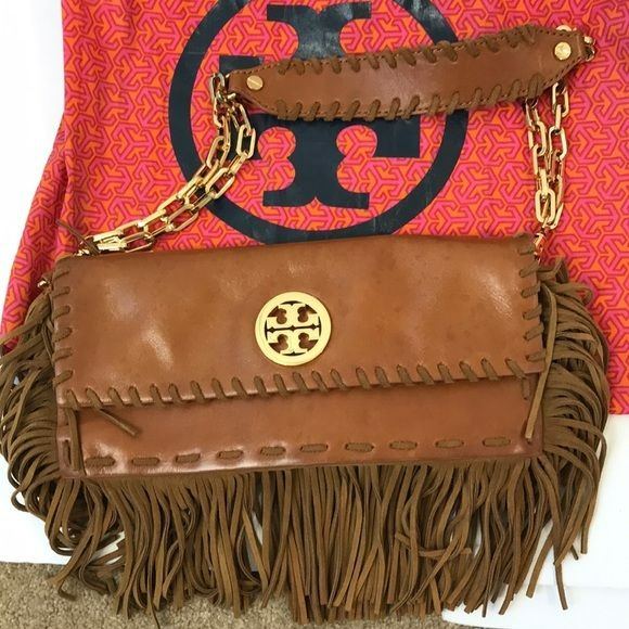 TORY BURCH Brown Leather Handbag With Fringe