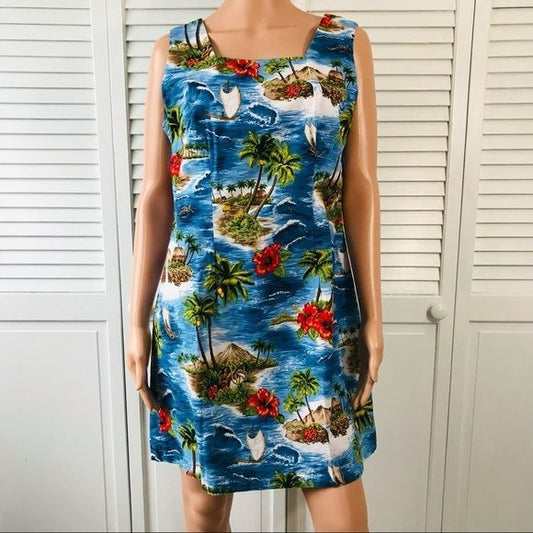 SHANNON MARIE Blue Vintage Hawaiian Sleeveless Dress Size XL