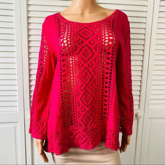 BLUE TASSEL By Anthropologie Bright Pink Boho Crochet Shavonne Top Size M