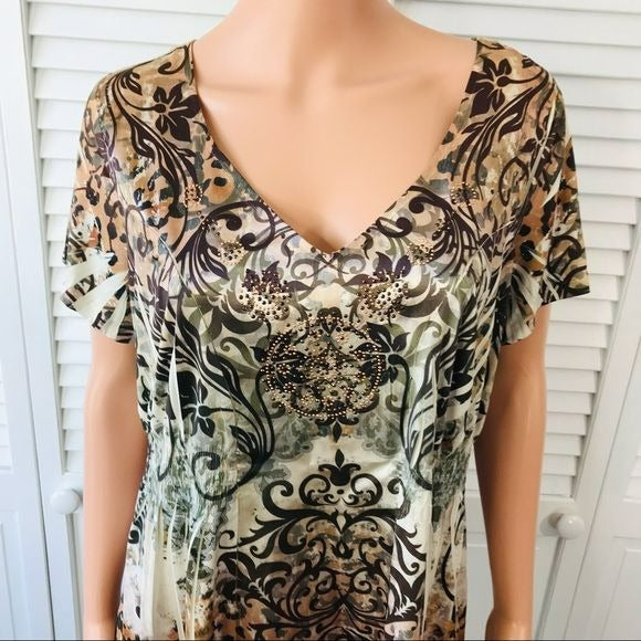 APT. 9 Brown Floral V-Neck Short Sleeve Blouse Size 1X (new with tags)