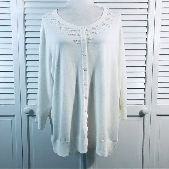 ROZ & ALI White Button Down Scoop Neck Cardigan Size 3X