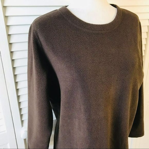 LANDS’ END Brown Scoop Neck Fleece Sweater Size L