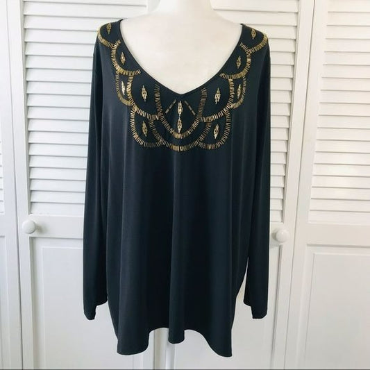 ROAMAN’S Black V-Neck Shirt With Gold Embellishments Size 18/20