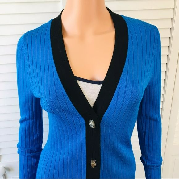 WHITE HOUSE BLACK MARKET Blue Black Ribbed Long Cardigan Sweater Size XS (New with tags)