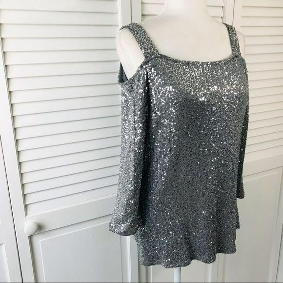 *NEW* INC Silver Gray Cold Shoulder Sequin Top Size M