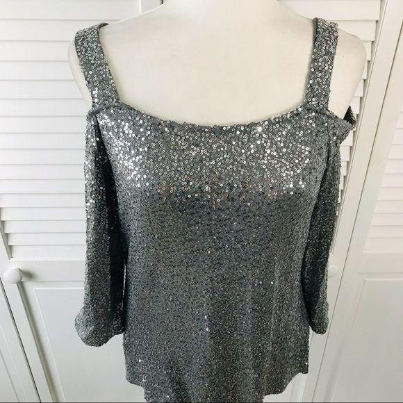 *NEW* INC Silver Gray Cold Shoulder Sequin Top Size M