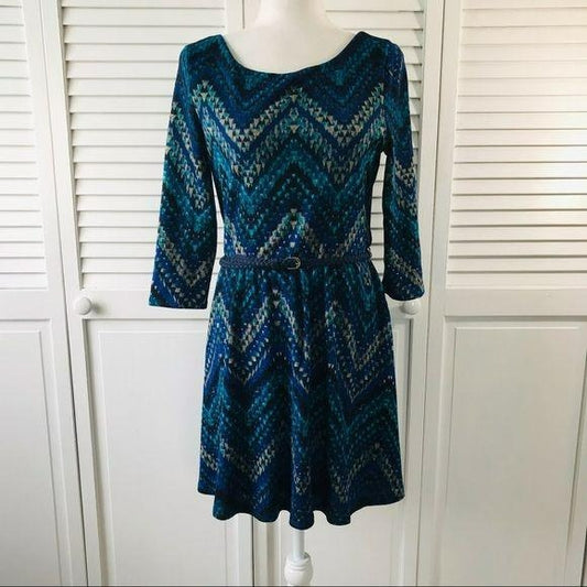 LILY ROSE Belted Blue Green Sheath Dress Size L