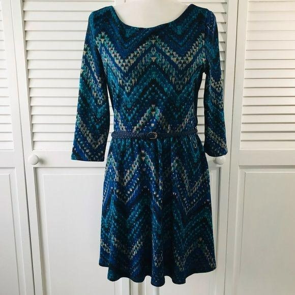 LILY ROSE Belted Blue Green Sheath Dress Size L