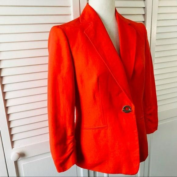 KASPER Orange Ruched Sleeve Linen Jacket Size 4 *NEW*