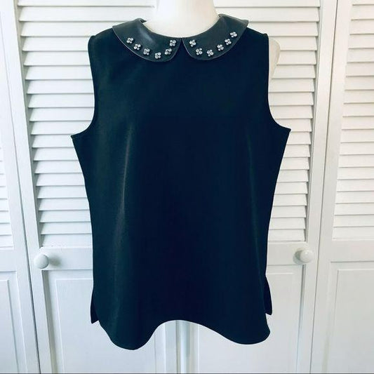 ANN TAYLOR Faux Leather Jeweled Collar Top Size L